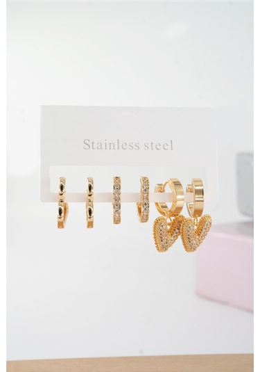 By Zeyna Aksesuar Kadın Vip Seri Baget Zirkon Taşlı Kalp Model Klipsli 6'lı Set Küpe-5107 Altın