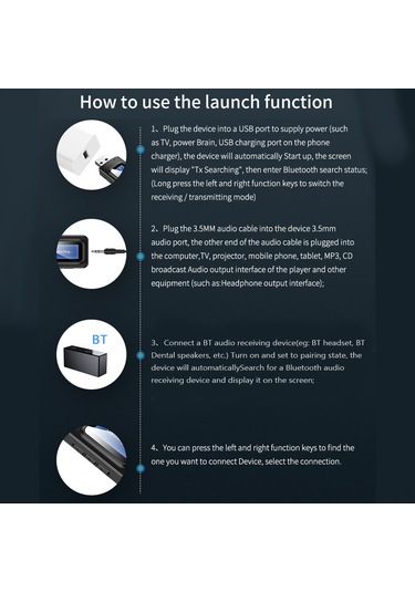 Symbee Bt5.0 Çift Fonksiyonlu Bluetooth Adaptörü - Transmitter/receiver, 3.5mm Aux, Lcd Ekranlı, Tv/pc Uyumlu Usb Ses Adaptörü