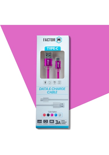 Factor-M FM-3A120TPP Type-C Data Kablosu 3A 1.2 M Pembe