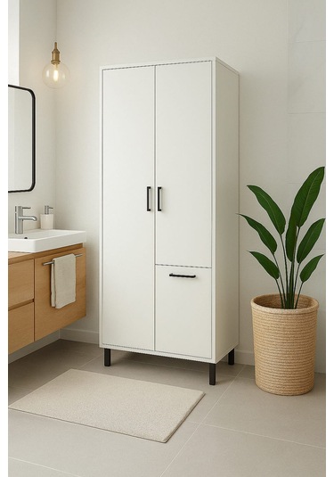 Çok Amaçlı & Tek Çamaşır Sepetli Banyo Dolabı Beyaz