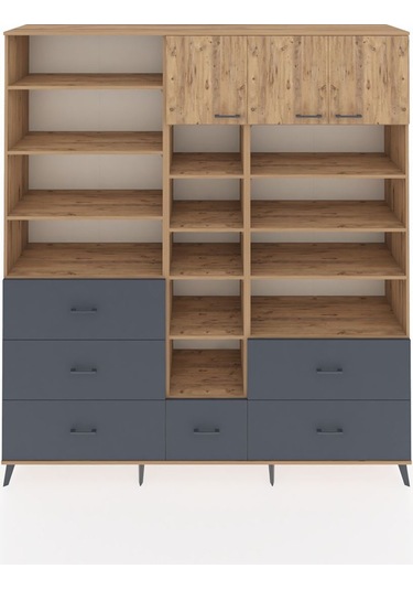 Hyperion Dolap 17 Raflı 6 Çekmeceli 3 Kapaklı 220x44x243 Çam-çam/antrasit Atlas Çam/antrasıt