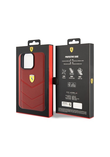 İphone Uyumlu 15 Pro Max Kılıf Ferrari Lisanslı Deri Dikişli Arka Yüzey Metal Logo Tasarımlı Kapak Kırmızı