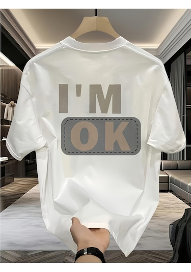 Unisex "ı'm Ok" Baskılı Oversize Pamuklu Tişört - Özel Tasarım Patch Detaylı Beyaz