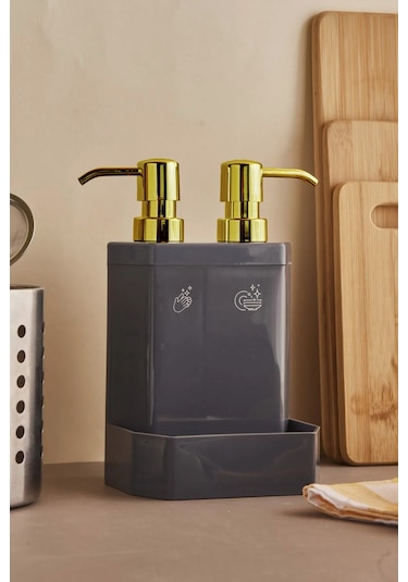 Perotti 13136-1 Marlon Lecce Gold Başlıklı 2li Süngerlik Hazneli Mutfak Sıvı Sabunluk Gri Gri