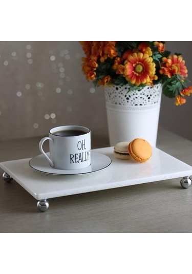 Akayev Mermer Beyaz 30x20 cm Gümüş Boncuk Ayaklı Sunum Tabağı