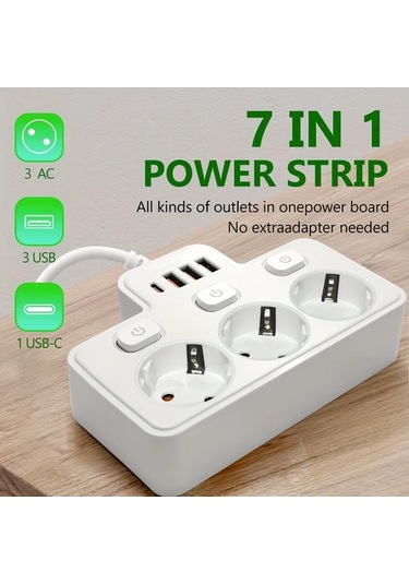 Motion003 2500w 3 Cm Kablo Beyaz Avrupa Standartlı Fişli Priz Şeridi 3 Ac Çıkış 4 Usb 1