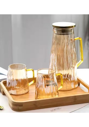 Qerhome Borosilikat Cam Sürahi Takım 2 Bardaklı Elio Gold 1800 Ml