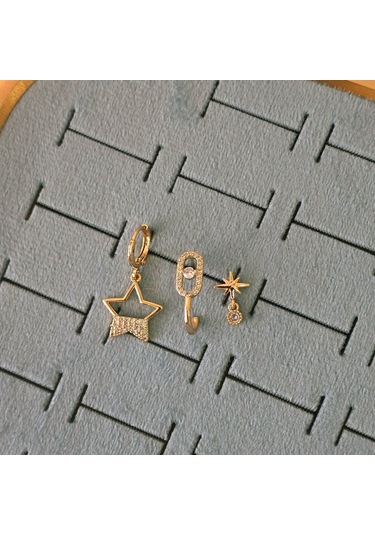 Özel Seri Taşlı Yıldız Üçlü Çelik Küpe Gold