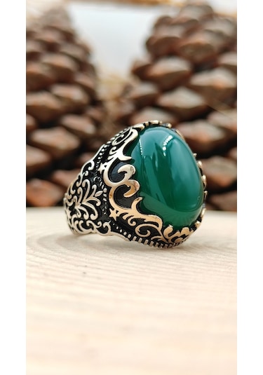 Gümüş Erkek Yüzük Yeşil Akik Taşlı