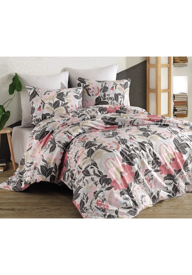 Yonca Tek Kişilik Nevresim Seti %100 Pamuk Gri & Pembe 3 Parça 160x220 Çarşafsız