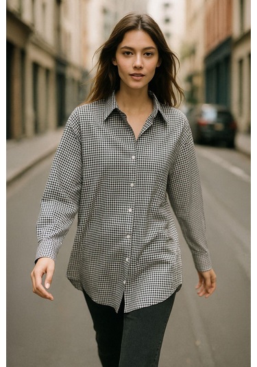 Kadın Siyah Beyaz Kareli Oversize Gömlek Relaxed Over Fit Ekoseli Gömlek Çok Renkli