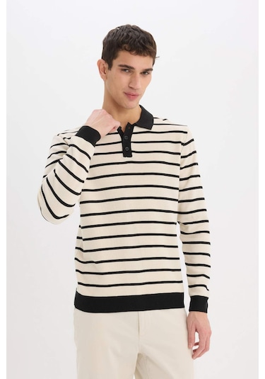 DeFacto Standart Fit Polo Yaka Çizgili Triko Kazak	 E7604AX24WNBK27