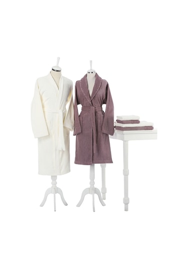 Özdilek Orkide Güpürlü Aile Bornoz Seti Krem - Mürdüm