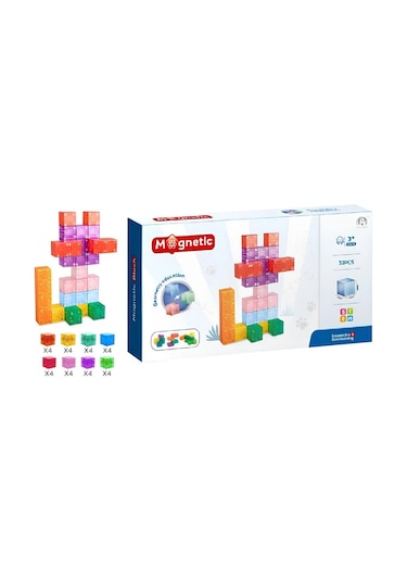 Magnetic Renkli Küp Blok İnşa Seti 32 Parça Geometri Eğitimi Stem 3+ 2 Cm Küpler