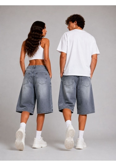 St.poll Eskitme Yıkama Unisex Baggy Denim Şort Gri