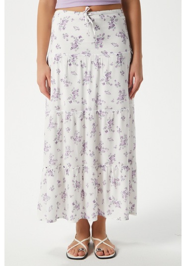 Kadın Rebekka Çiçekli Lila Astarlı Uzun Etek 17639 Beyazlila Beyaz - Lila