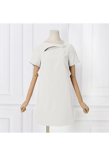 Beyaz Vonda Bayan Yaz Yuvarlak Yaka Kısa Kollu Yırtmaçlı İnci Düğme Düz Tek Renk Kısa Elbiseler
