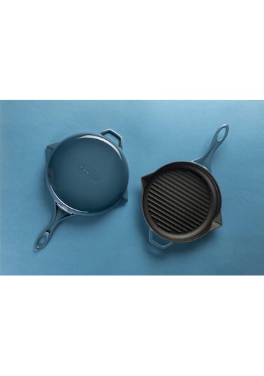 Hosse 28 Cm Yuvarlak Döküm Grill Tava Çift Kulplu Mavi Mavi