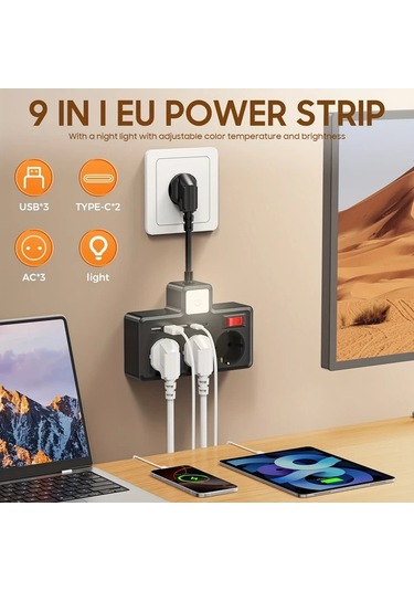 Xuweiwei 8 İnç Siyah Gece Lambası 3 Renk Ayarlanabilir Parlaklık 3 Ac Soket 3 Usb 2 Tip-c Duvar Şarj İstasyonu Ev Ofis Seyahat İçin