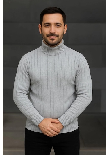 Erkek Balıkcı Yaka Bağazlı Triko Kazak Pamuklu Kalın Fitilli Dokuma, Regular Fit Uzun Kollu Kışlık M Gri