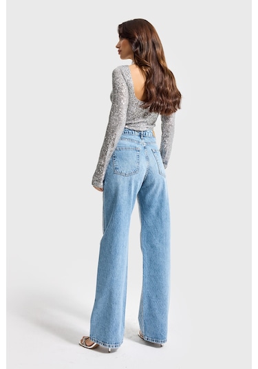Itsbasic Kadın Kot Rengi Doris T34s527 Parlak Taşlı Tasarım Straight Fit Denim Jean Taşlı Kot Rengi