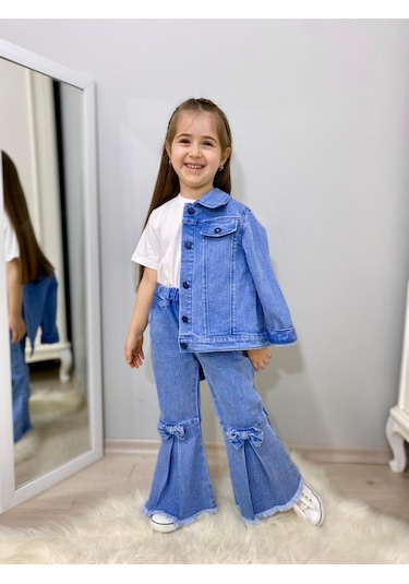 Modavals Fiyonk Detaylı İspanyol Paça Kot Pantolon & Kot Ceket & Badi Kız Çocuk Kombin Çok Renkli