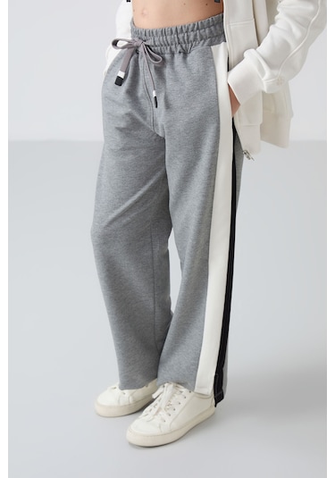 Tommy Life Gri Melanj Yırtmaç Detaylı Cepli Geniş Paça Kız Çocuk Eşofman Alt - 75141 Gri Melanj