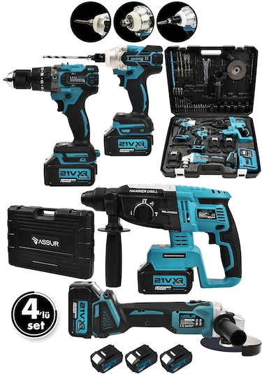 Assur ASR1011 21V Hilti Somun Sökme Taşlama Vidalama 4lü Set Mavi