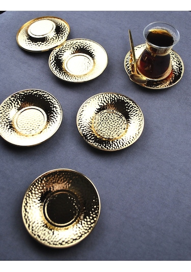 Qualitev 6 Adet Metal Çay Tabağı Dövme Desenli Çay Tabak 10 Cm Altın