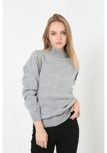 Kadın Yarım Boğaz Triko Kazak Yumuşak Dokulu Pamuklu İnce Dokuma, Uzun Kollu Rahat Regular Kalıp - Gri Siyah