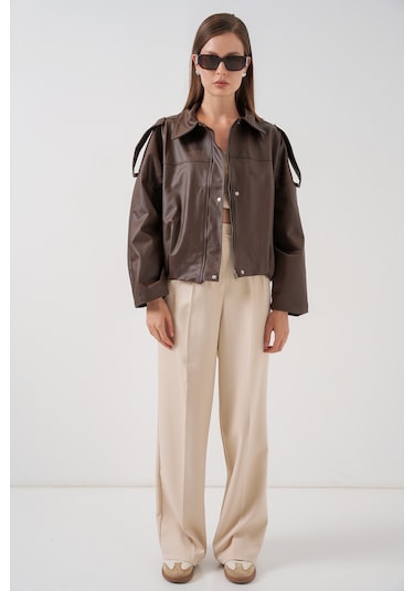 Kadın Oversize Deri Ceket 1055 - Kahverengi Kahverengi