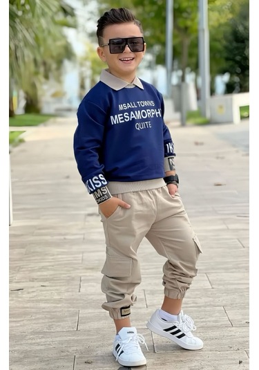 Modavals Gömlek Yaka Sweatshırt Ve Gabardin Kargo Pantolon Erkek Çocuk Kombin Lacivert