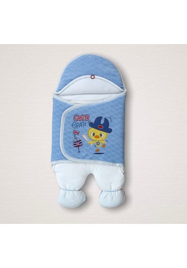 Yenidoğan Cesur Şovalye Civciv Nakışlı Şapkalı Erkek Ayaklı Kundak Bebek Battaniyesi Mavi Mavi