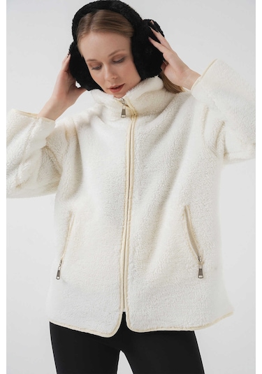 Gabria Fermuarlı Peluş Mont Ekru