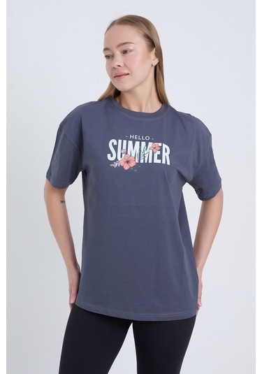 Velvoria Unisex Oversize Relaxed Summer Baskılı Antrasit Renk T-shırt
