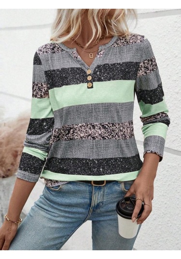 Tua Moda Kadın Uzun Kollu Yakadan Düğmeli Çizgili Desenli Süprem Bluz Yeşil