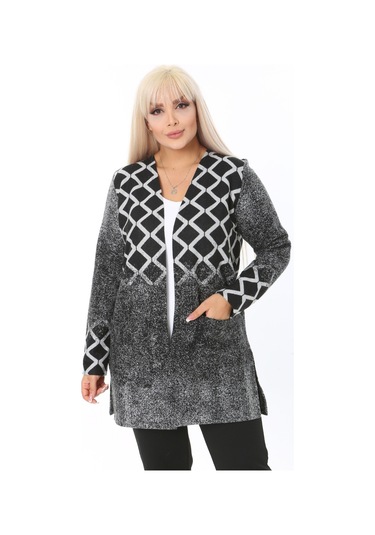 Melsay Butik Açık Gri Baklava Desen Kısa Büyük Beden Kadın Hırka Gri