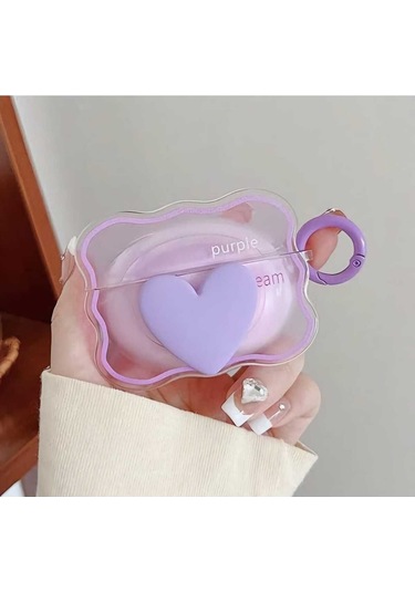İphone 3. Nesil Uyumlu Koruyucu Bluetooth Kulaklık Kılıfı Figürlü Kalp Mor Airpods 3. Nesil