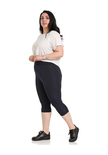 Büyük Beden Karyoka Dikişli Diz Altı Lacivert Bayan Tayt