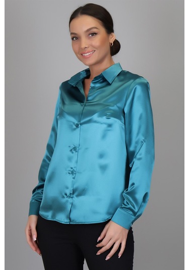 Sweetness Kadın Petrol Yeşili Saten Uzun Kol Abiye Gömlek Yeşil