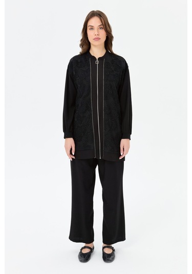 İnci Çakma Detaylı Pantolonlu Takım Siyah Siyah