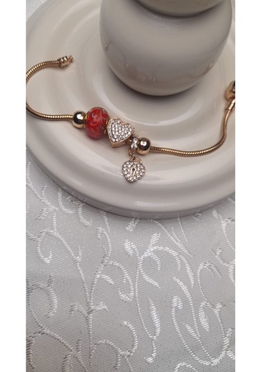Uzel Xuping Gold Altın Renk Kırmızı Kap, Kırmızı Boncuklu, Taşlı Kalp Charmlı Çelik Bileklik Kırmızı