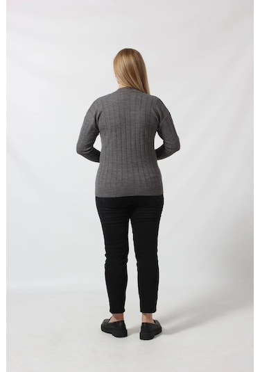 Y6328 Fındık Örgü Detaylı Triko Kazak Gri