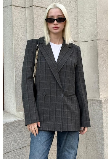 Antrasit Kareli Kadın Blazer Ceket Mg2624 Antrasit