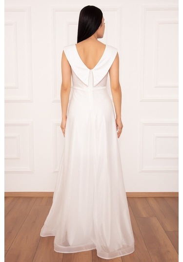 Kalopya Simli Tül Uzun Abiye Elbise 13280 Ekru