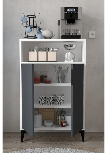 1202 Ada Çok Amaçlı Dolap , Kahve Köşesi , Kiler Dolabı , Mutfak Standı 2 Kapılı - Beyaz Antrasit Antrasit - Beyaz