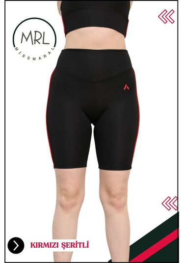 Kadın Siyah Yüksek Bel Toparlayıcı Biker Şort Kısa Spor Tayt Likralı Dalgıç Biker Tights 1043 Siyah Kırmızı