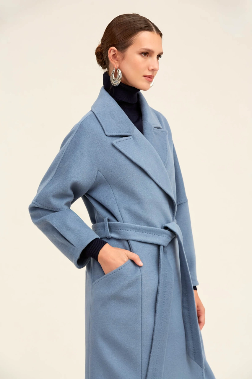 Saykı Woman Mavi Regular Fit Ceket Yaka Kaşe Yünlü Oversize Manto Mavi