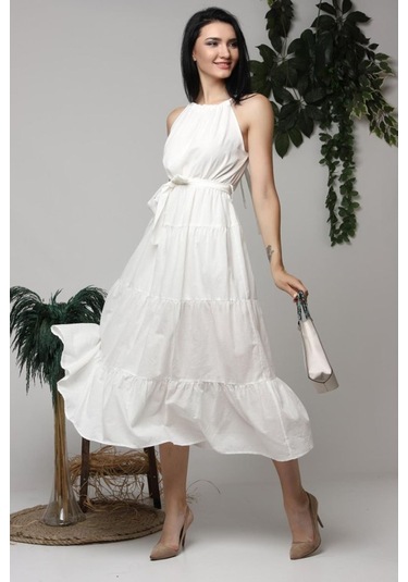 Ekru Halter Yakalı Kuşaklı Elbise Ekru