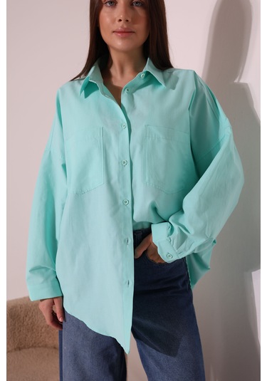 Yeni Sezon Poplin Kumaş Çift Cepli Oversize Pamuklu Kadın Tunik Gömlek Turkuaz